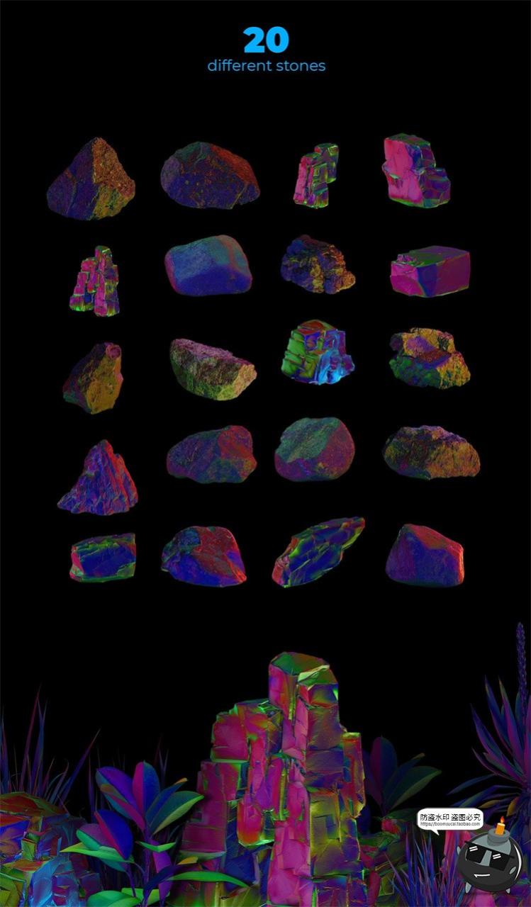 图片[4]-热带霓虹蒸汽波朋克炫彩树叶植物岩石创意抽象PNG免抠图片素材-设计猿