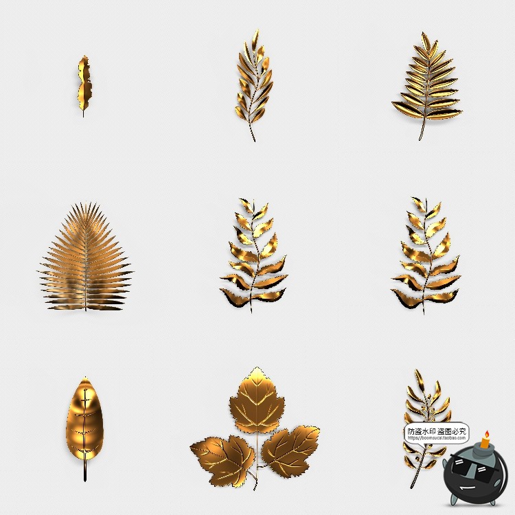 图片[1]-华丽黄金金属特效热带植物树叶树枝金色装饰元素PSD模板PS素材-设计猿