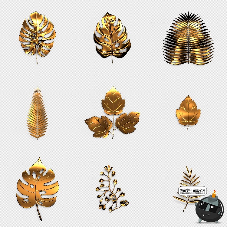 图片[2]-华丽黄金金属特效热带植物树叶树枝金色装饰元素PSD模板PS素材-设计猿