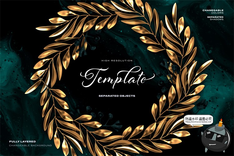 图片[8]-华丽黄金金属特效热带植物树叶树枝金色装饰元素PSD模板PS素材-设计猿