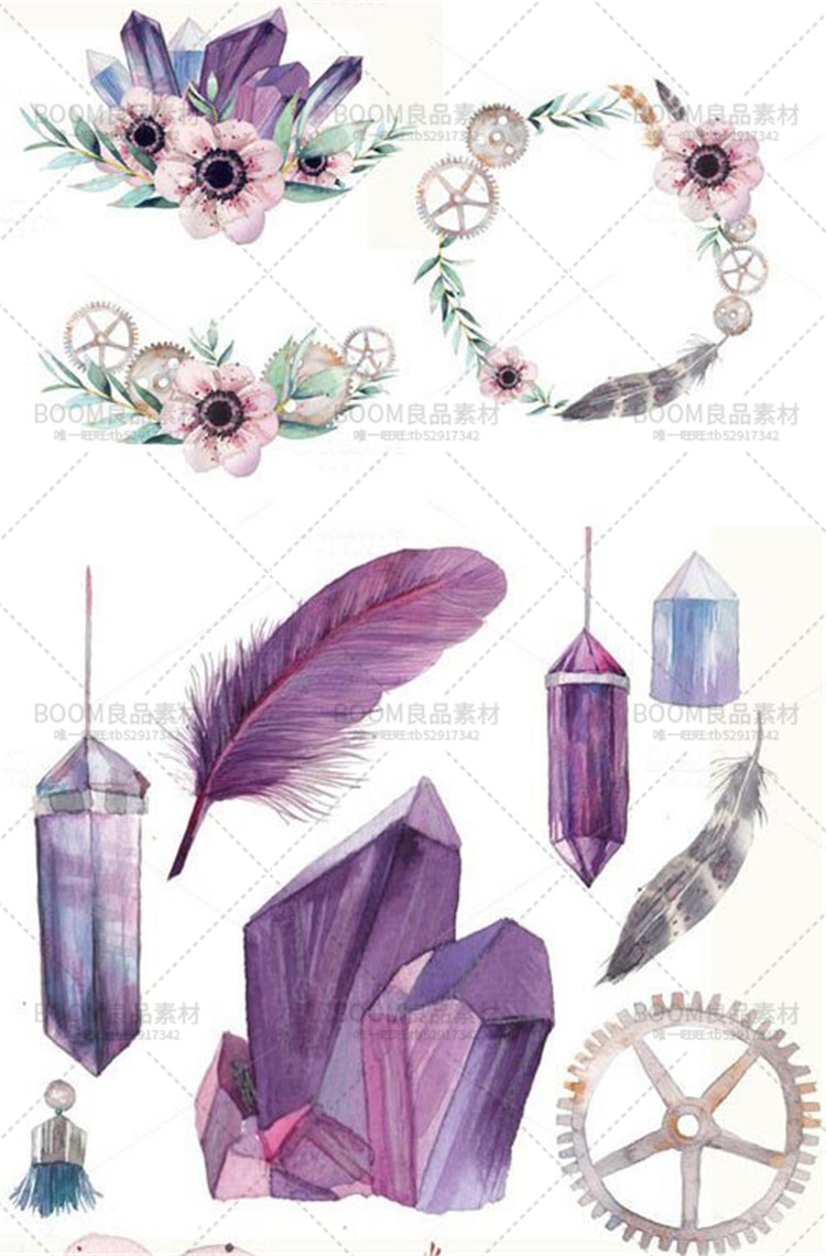 图片[2]-唯美手绘水彩宝石羽毛齿轮花朵花束卡片贺卡插画免抠PNG设计素材-设计猿