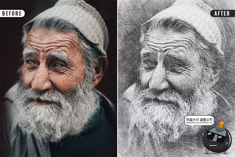 图片[1]-黑白素描碳素笔铅笔画写实后期效果特效智能样机PSD模板PS素材-设计猿