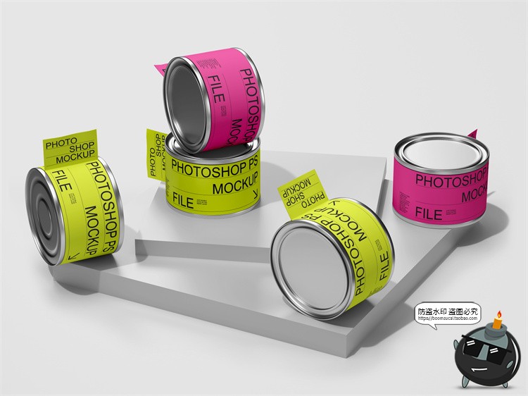 图片[1]-金属质感油漆罐包装罐头宠物猫狗罐头标签展示样机PSD模板PS素材-设计猿