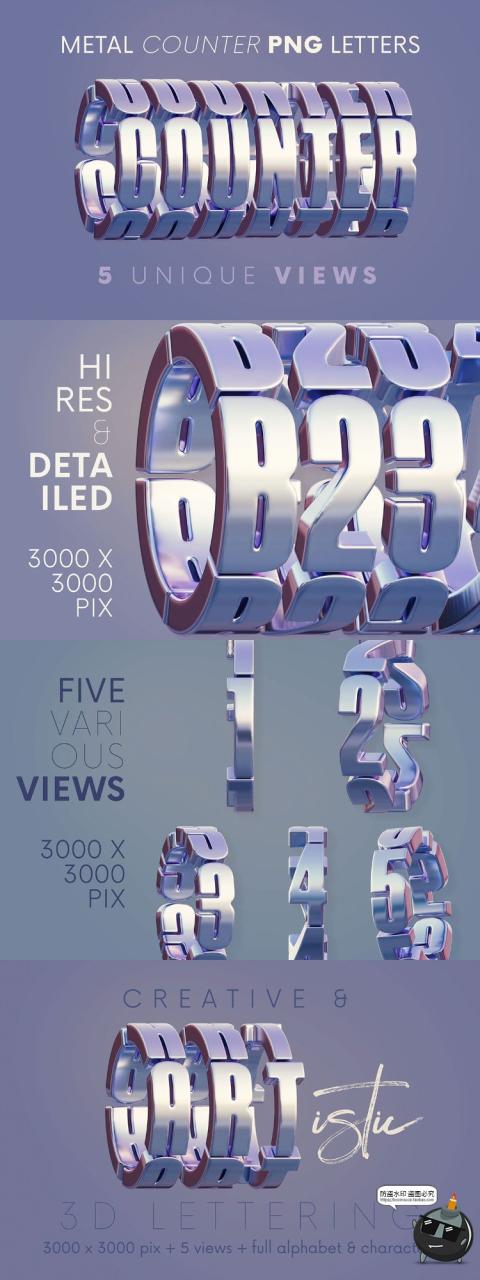 图片[2]-潮流酸性3D立体镀铬刻字金属字环圆环字母数字PNG免抠图片素材-设计猿