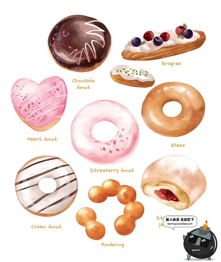 图片[9]-手绘水彩甜甜圈面包蛋糕下午茶点心插画元素餐饮海报PSD设计素材-设计猿