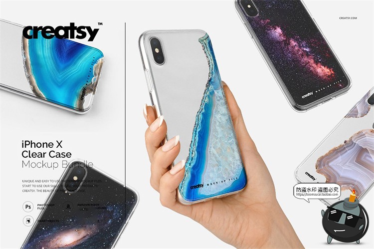 图片[1]-苹果iPhoneX透明黑白手机壳外壳印花图案贴图效果展示样机PSD素材-设计猿