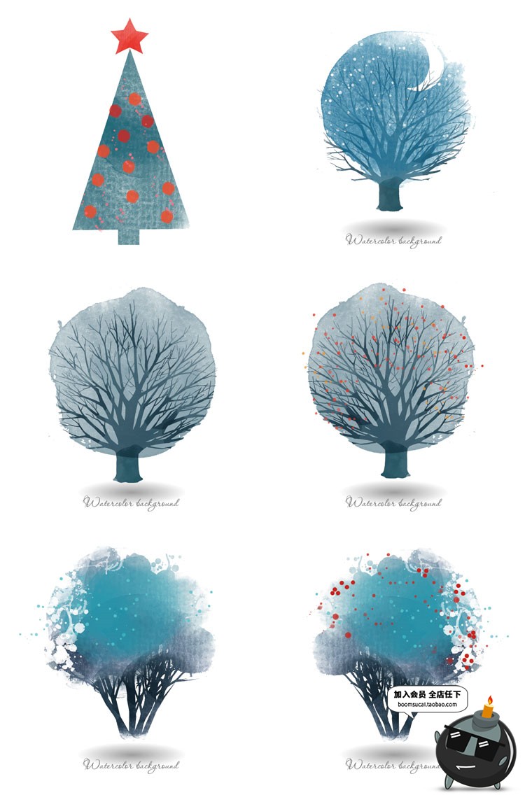 图片[3]-北欧手绘卡通小清新水彩圣诞树卡通树插画背景封面AI矢量设计素材-设计猿