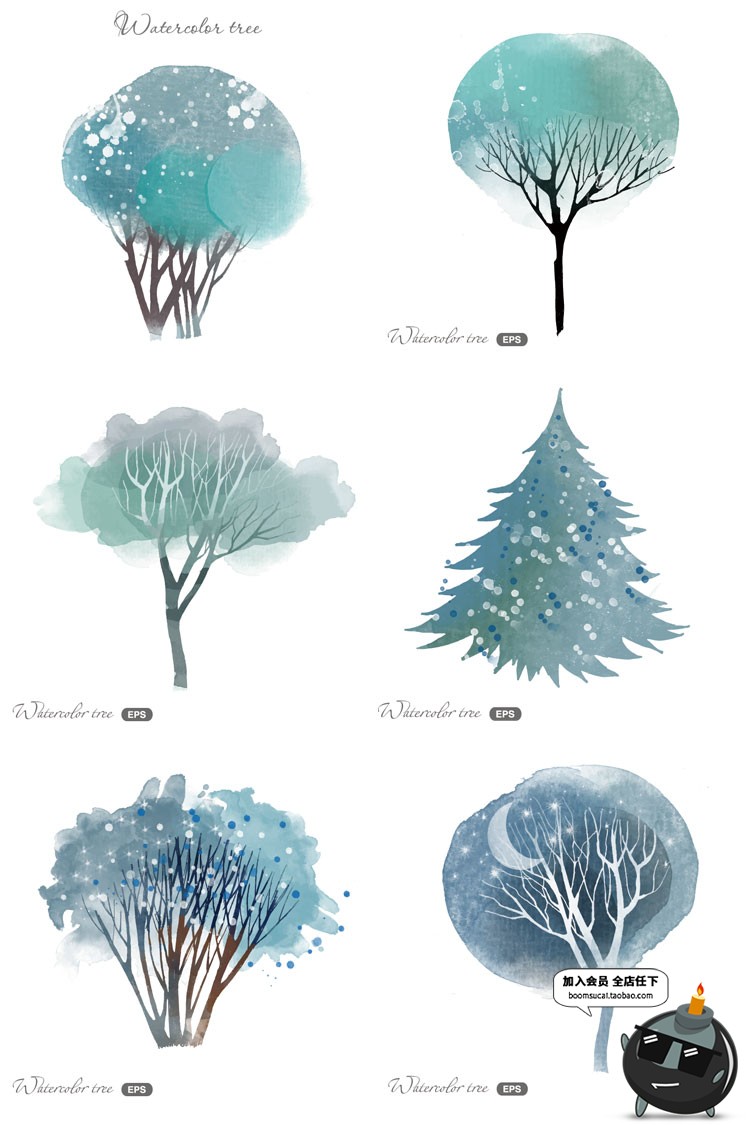 图片[6]-北欧手绘卡通小清新水彩圣诞树卡通树插画背景封面AI矢量设计素材-设计猿