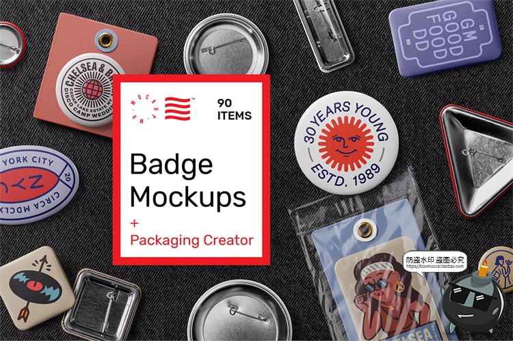 图片[1]-徽章胸针胸牌纽扣标志圆形三角形方形胸章贴图样机PSD模板PS素材-设计猿