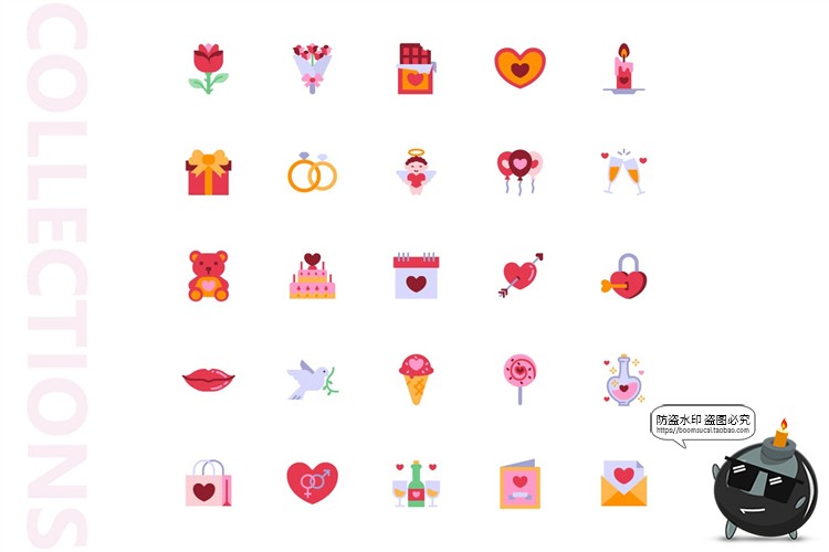 图片[2]-扁平化情人节爱心巧克力蜡烛玫瑰爱情平面图标AI矢量PNG免抠素材-设计猿