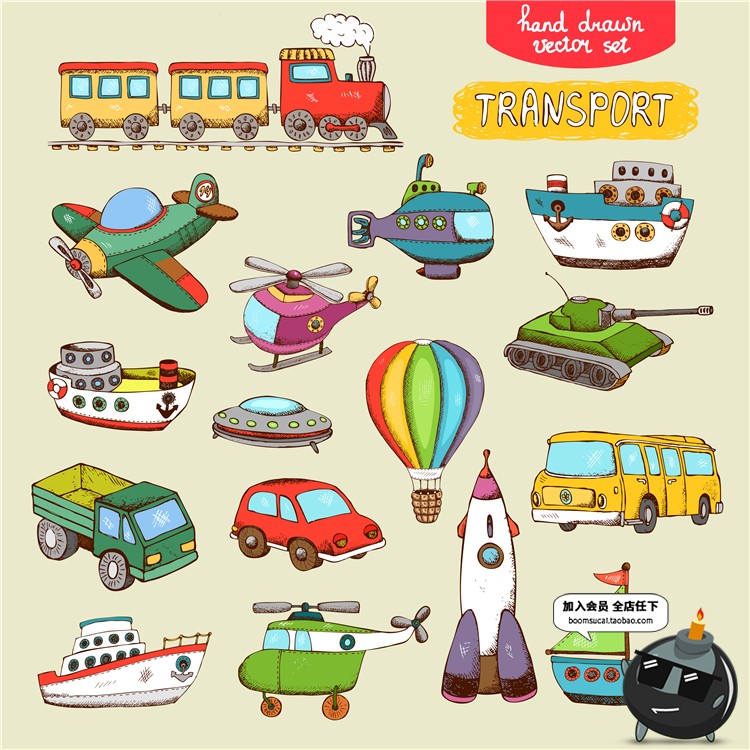 图片[2]-儿童卡通玩具手绘图案小火车飞机玩偶坦克手账AI矢量设计制作素材-设计猿