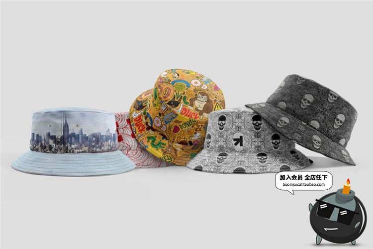 图片[1]-渔夫帽子头顶帽多视角智能贴图效果展示VI样机PSD模板PS设计素材-设计猿