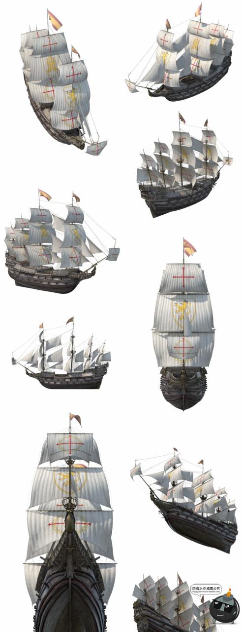 图片[1]-古老帆船木船海盗船复古幽灵诡船平面后期合成PNG免抠图片素材-设计猿