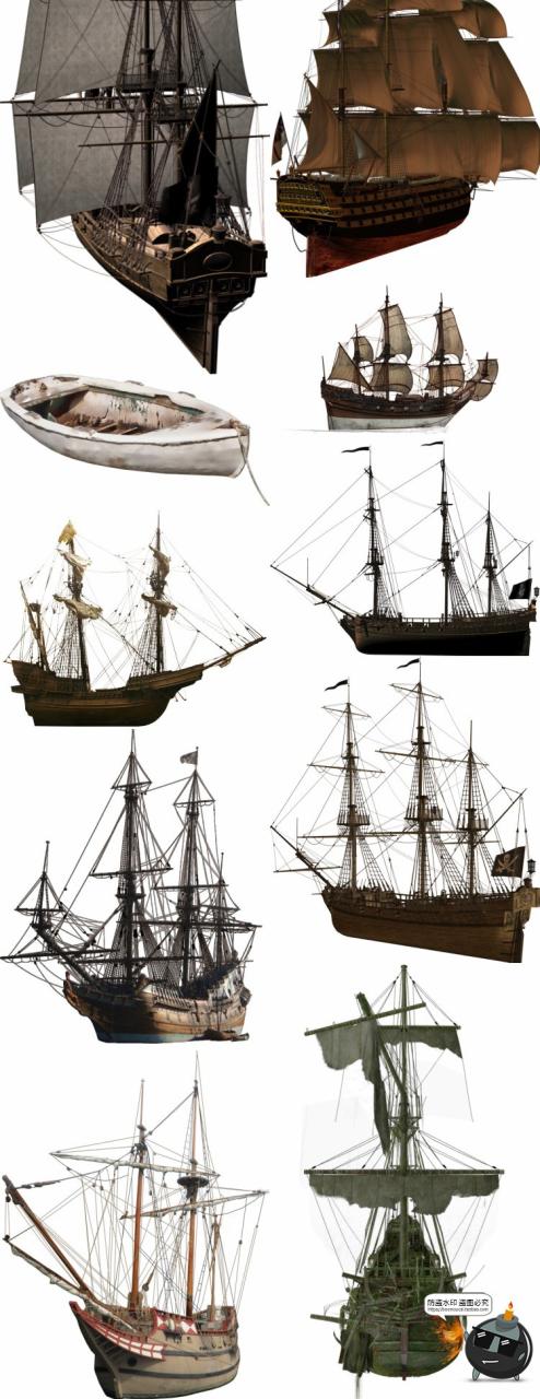 图片[9]-古老帆船木船海盗船复古幽灵诡船平面后期合成PNG免抠图片素材-设计猿