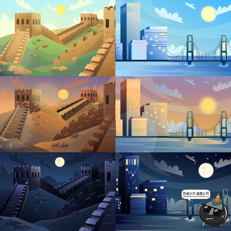 图片[2]-扁平化世界自然风景名胜景点山脉沙漠景观背景图片插画AI矢量素材-设计猿