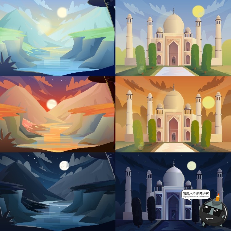 图片[5]-扁平化世界自然风景名胜景点山脉沙漠景观背景图片插画AI矢量素材-设计猿