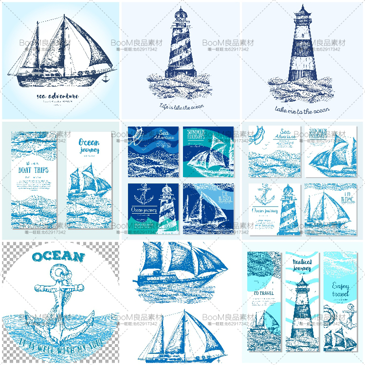 图片[1]-手绘线描海浪帆船水塔旅游泳圈卡片插画海报banner矢量AI设计素材-设计猿