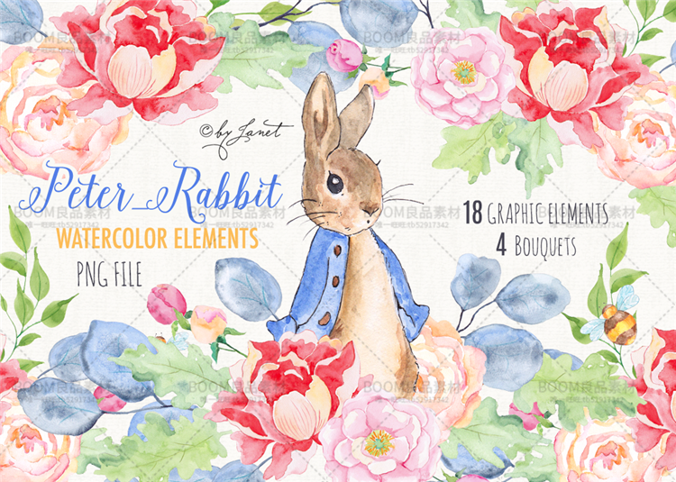 图片[1]-唯美手绘水彩花朵花束蜜蜂兔子印刷免扣PNG婚礼请柬贺卡设计素材-设计猿