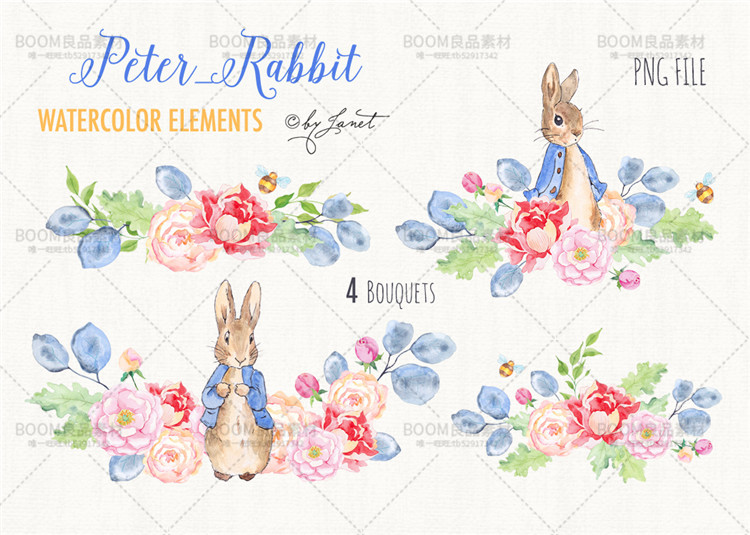 图片[3]-唯美手绘水彩花朵花束蜜蜂兔子印刷免扣PNG婚礼请柬贺卡设计素材-设计猿