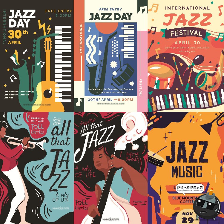 图片[7]-创意经典复古音乐会乐器爵士乐活动演出插画海报模板AI矢量素材-设计猿