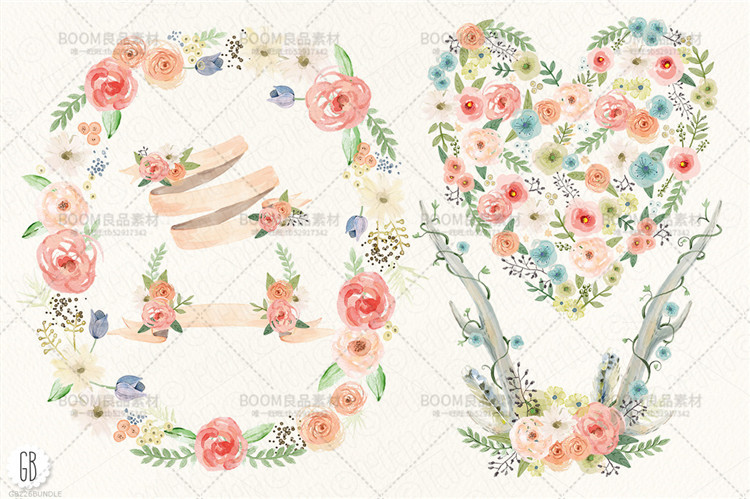 图片[1]-唯美手绘水彩花卉手账叶子鹿角图案婚礼请柬贺PNG免扣PS设计素材-设计猿