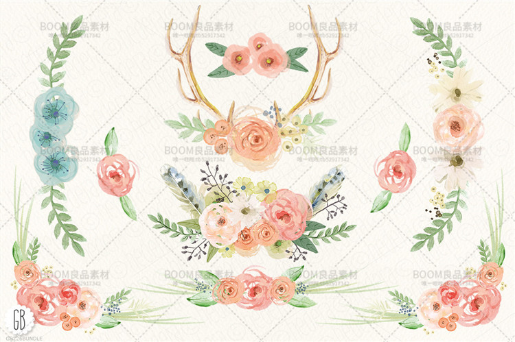 图片[2]-唯美手绘水彩花卉手账叶子鹿角图案婚礼请柬贺PNG免扣PS设计素材-设计猿