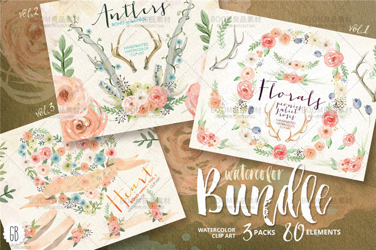 图片[3]-唯美手绘水彩花卉手账叶子鹿角图案婚礼请柬贺PNG免扣PS设计素材-设计猿