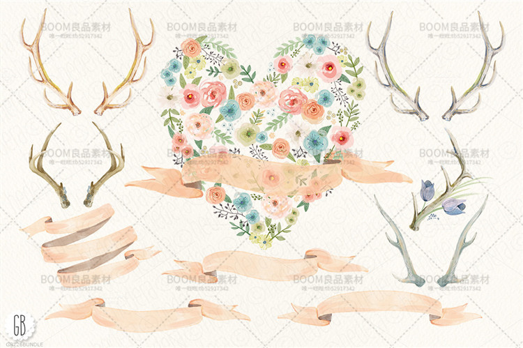 图片[4]-唯美手绘水彩花卉手账叶子鹿角图案婚礼请柬贺PNG免扣PS设计素材-设计猿