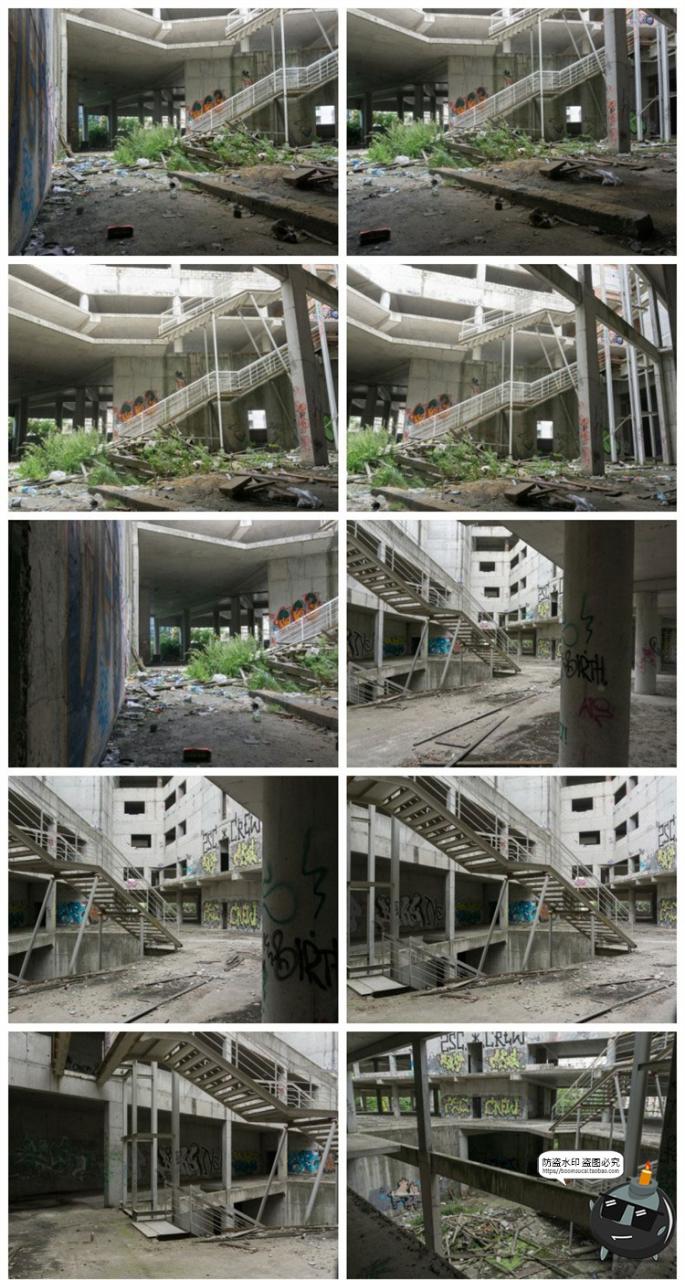 废弃荒废颓废立体停车场废墟内外场景图摆拍后期合成JPG图片素材-设计猿