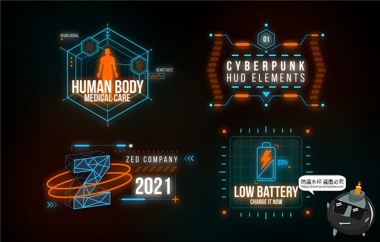图片[3]-酷炫未来科技感科幻风格显示屏HUD赛博朋克装饰元素PSD模板PS素材-设计猿