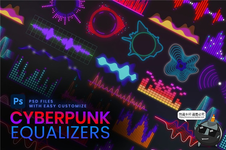 图片[1]-电音声波曲线抽象赛博朋克高科技风格波浪音律起伏PSD模板PS素材-设计猿