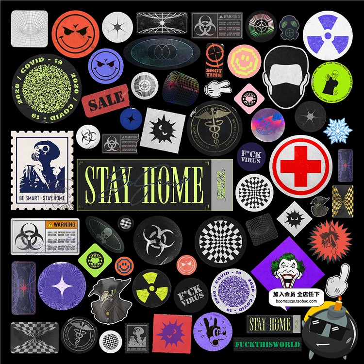 图片[1]-60款欧美潮流酷炫复古卡通做旧不干胶标签贴纸装饰PNG设计PS素材-设计猿