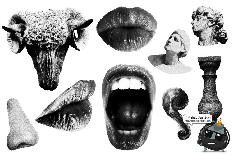图片[10]-潮流复古半调复古黑白故障风嘴唇拼贴插画图片AI矢量PNG免抠素材-设计猿