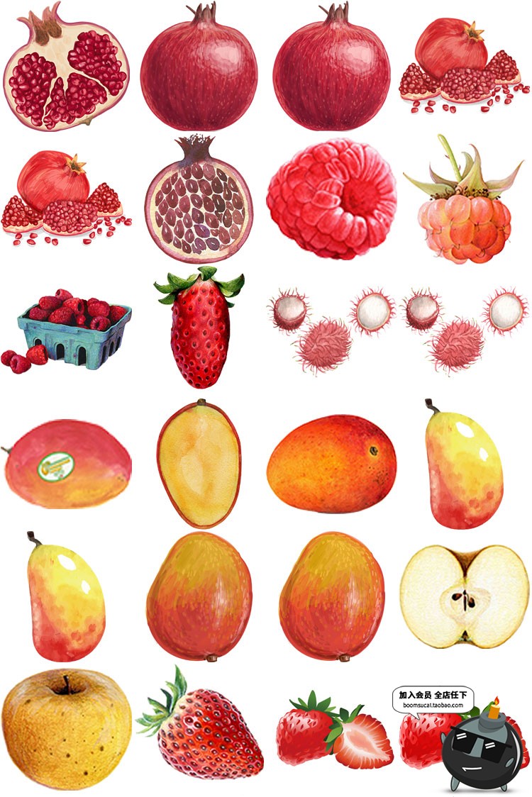 图片[5]-手绘水彩水果西瓜石榴芒果奶茶菜单元素横切面AI矢量PNG装饰素材-设计猿