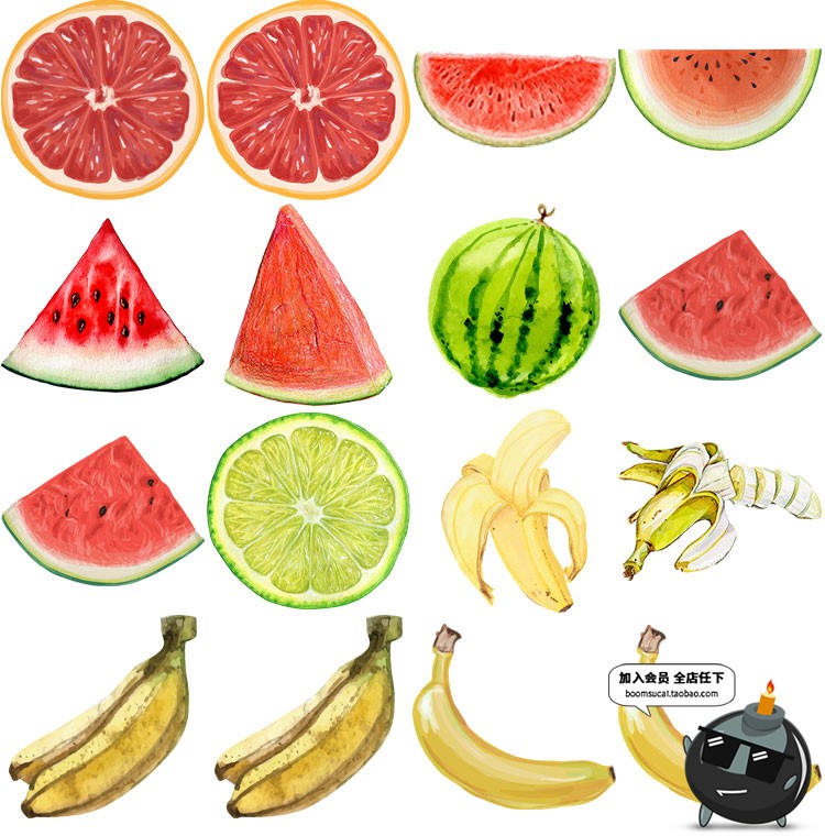 图片[7]-手绘水彩水果西瓜石榴芒果奶茶菜单元素横切面AI矢量PNG装饰素材-设计猿