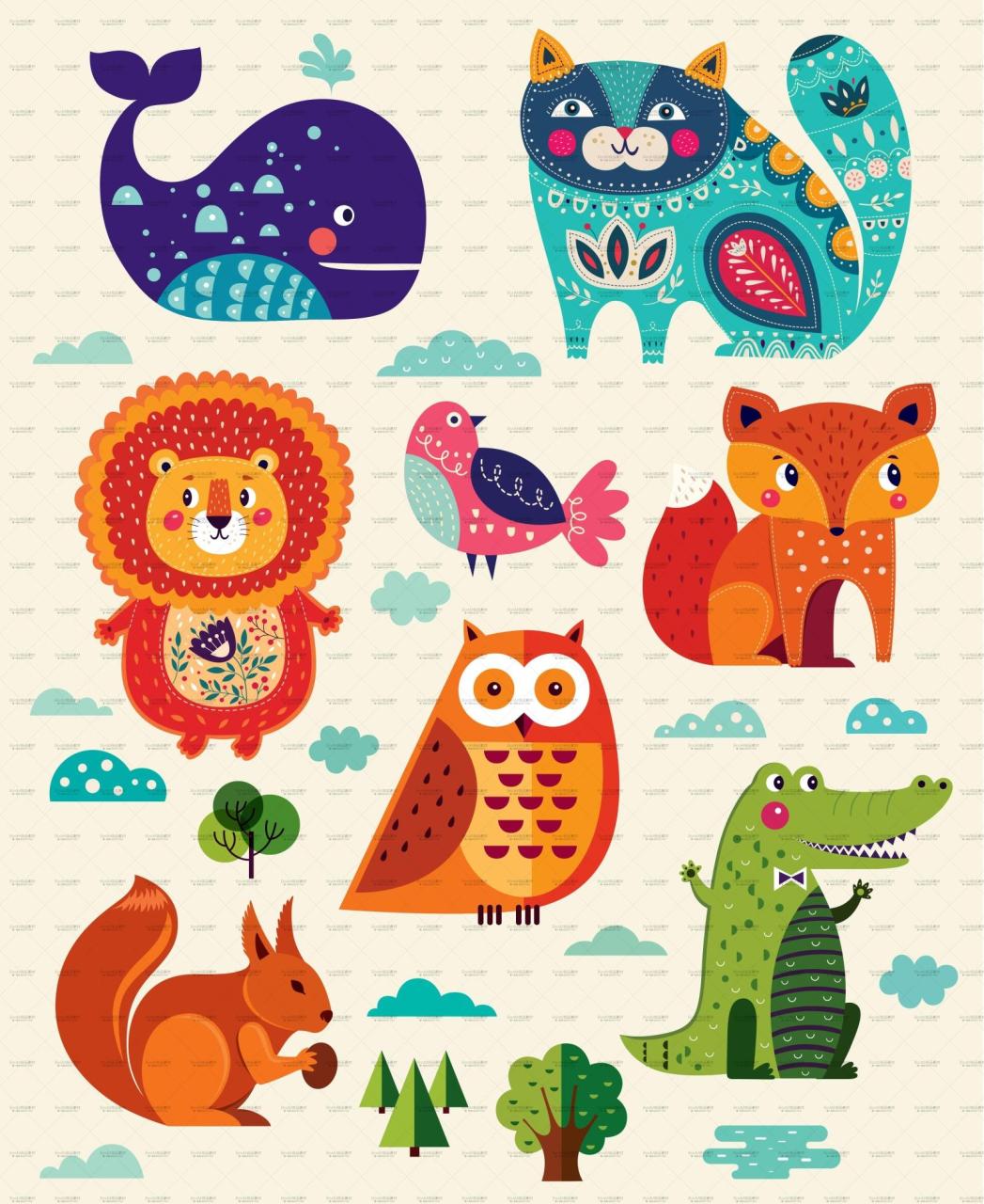 图片[2]-卡通可爱扁平化动物狮子狐狸鸟鳄鱼插画AI矢量PSD模板设计PS素材-设计猿