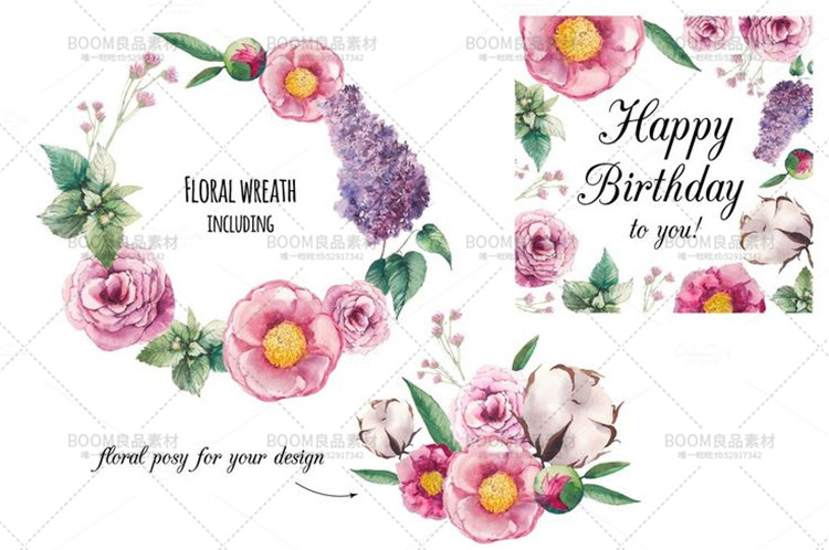 图片[2]-唯美森系水彩风花朵热气球花环彩旗手账元素PNG免扣矢量设计素材-设计猿