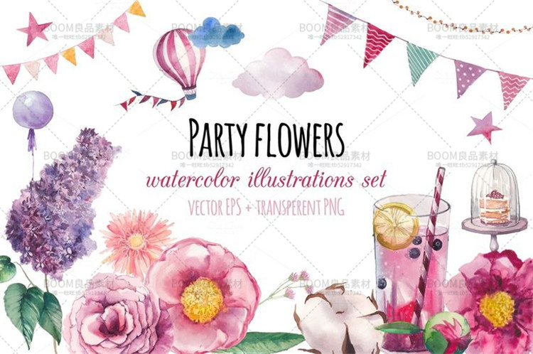 图片[4]-唯美森系水彩风花朵热气球花环彩旗手账元素PNG免扣矢量设计素材-设计猿