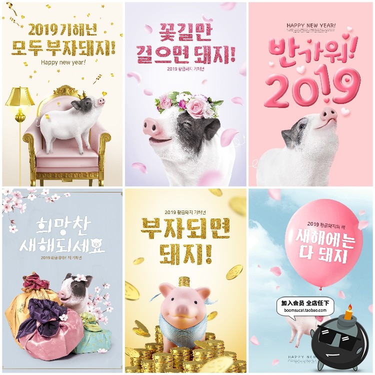 图片[2]-2019猪年元旦背景展板韩可爱富贵时尚新年海报PSD模板PS设计素材-设计猿
