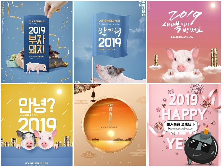 图片[2]-2019猪年韩风新年简约时尚漂亮海报广告背景PSD模板PS设计素材-设计猿