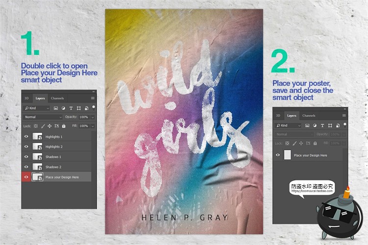 图片[2]-褶皱胶合海报不平整墙贴效果展示样机mockup智能贴图PSD模版素材-设计猿