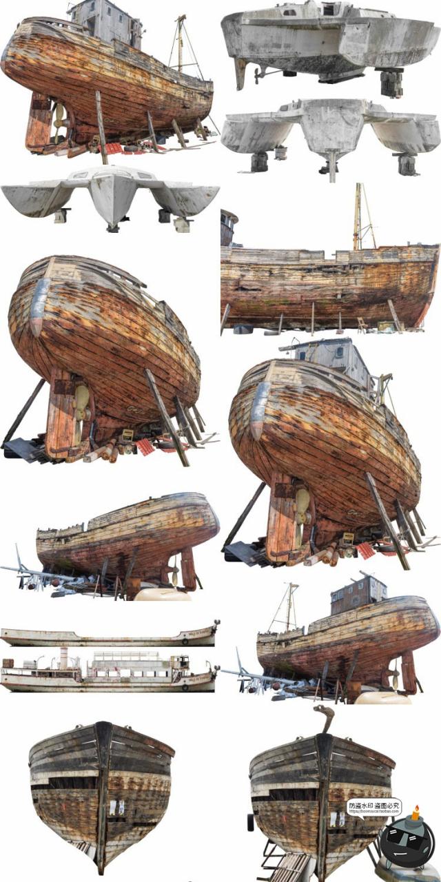 图片[1]-沉船残骸废弃船只木船渔船游艇装饰参考场景后期合成PNG免抠素材-设计猿