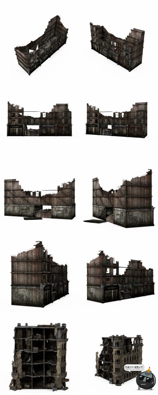 图片[1]-废墟破旧房子建筑残破楼房战争战场后期合成场景PNG免抠PSD素材-设计猿