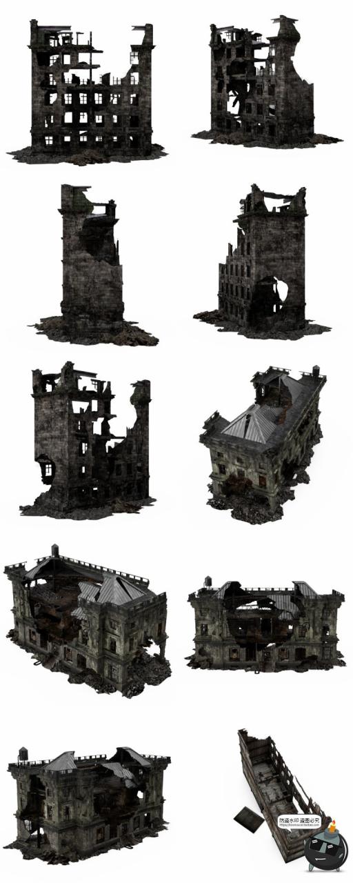 图片[3]-废墟破旧房子建筑残破楼房战争战场后期合成场景PNG免抠PSD素材-设计猿