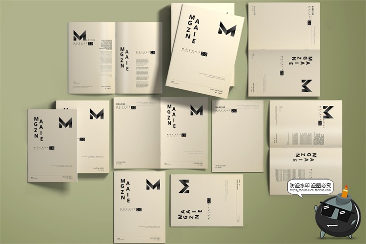 图片[1]-A4骑马订杂志宣传画册封面展开等距排列展示贴图样机PSD模板素材-设计猿