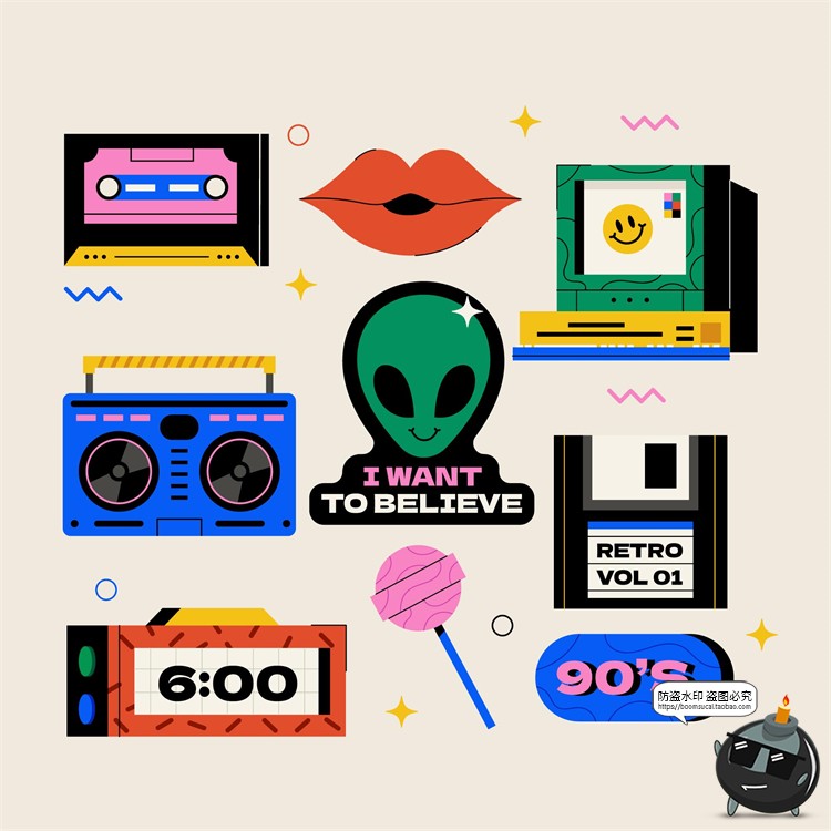 图片[5]-新复古卡通趣味90年代插画标签图案装饰元素海报排版AI矢量素材-设计猿