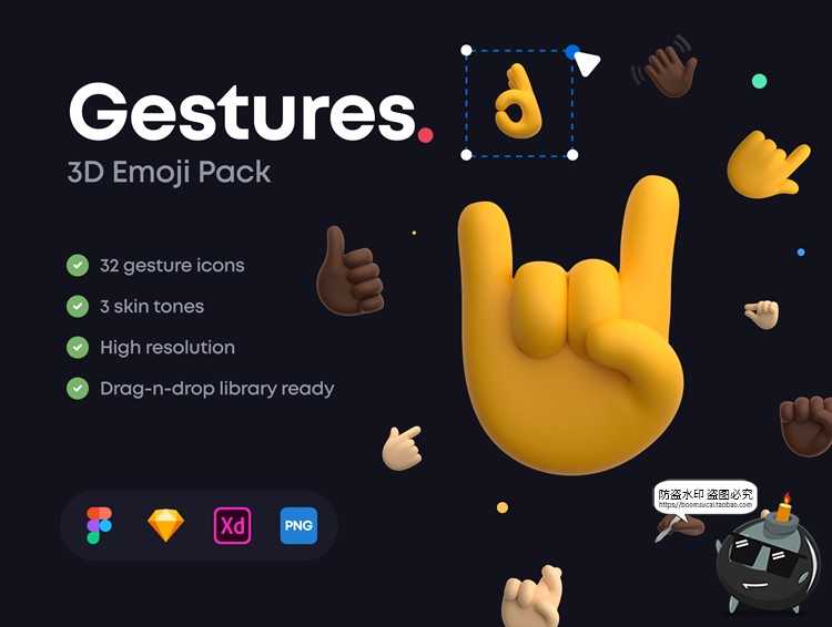 图片[1]-Q版可爱手势OK大拇指贊鼓掌摊手指拿捏姿势PNG免抠图3D图标UI素材-设计猿