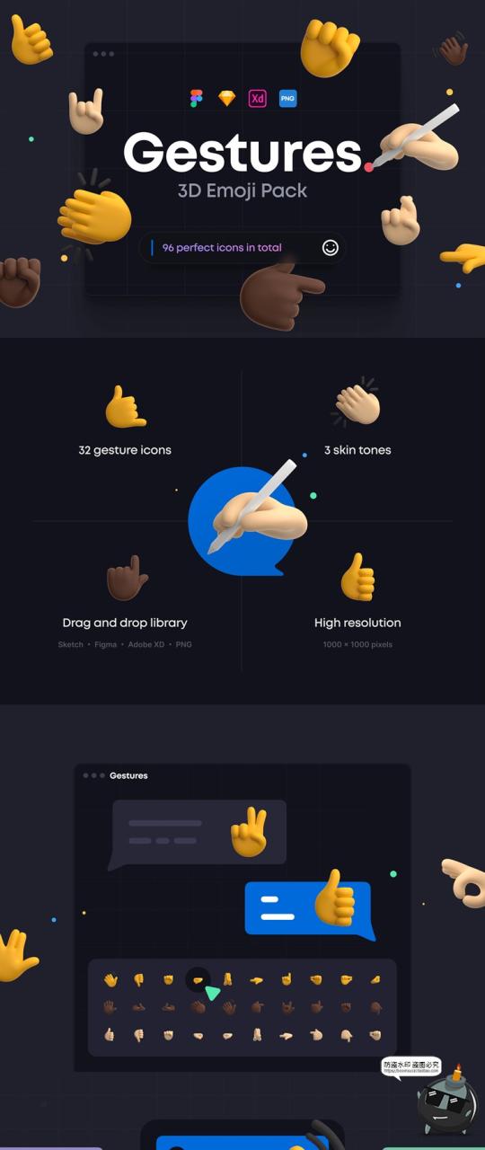 图片[2]-Q版可爱手势OK大拇指贊鼓掌摊手指拿捏姿势PNG免抠图3D图标UI素材-设计猿