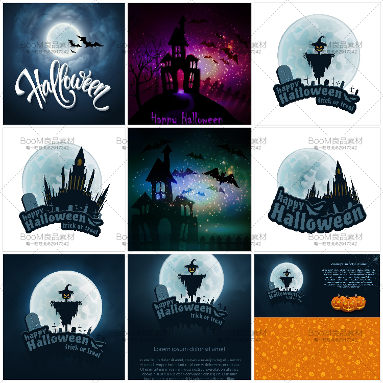 图片[1]-万圣节海报插画夜晚城堡恐怖月亮稻草人南瓜灯笑脸AI矢量设计素材-设计猿
