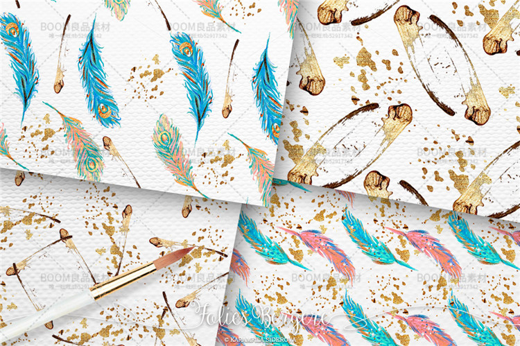 图片[1]-唯美水彩风手绘孔雀羽毛花环墨迹婚礼请柬海报元素PNG免扣PS素材-设计猿